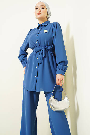 İnci Düğme Detaylı Kuşaklı İkili Takım İndigo - İkili Takım