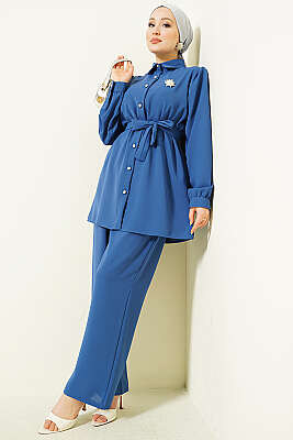 İnci Düğme Detaylı Kuşaklı İkili Takım İndigo - İkili Takım