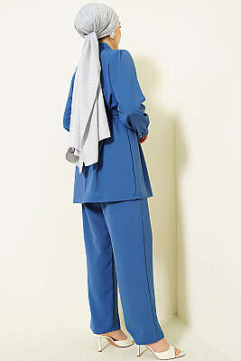 İnci Düğme Detaylı Kuşaklı İkili Takım İndigo - İkili Takım