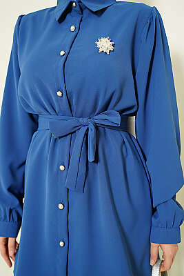 İnci Düğme Detaylı Kuşaklı İkili Takım İndigo - İkili Takım