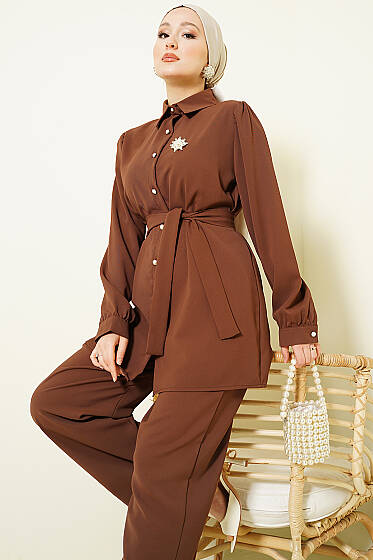 İnci Düğme Detaylı Kuşaklı İkili Takım Kahve - İkili Takım