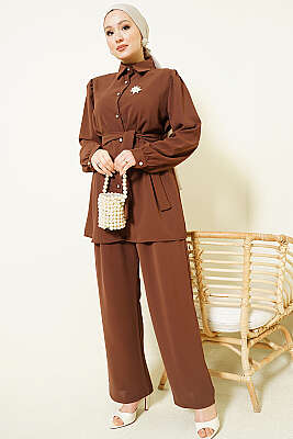 İnci Düğme Detaylı Kuşaklı İkili Takım Kahve - İkili Takım
