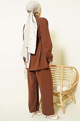 İnci Düğme Detaylı Kuşaklı İkili Takım Kahve - İkili Takım