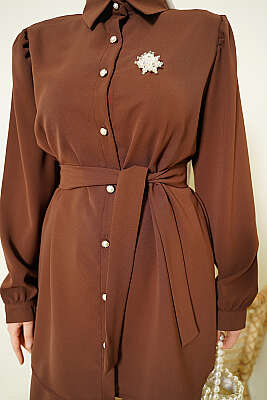 İnci Düğme Detaylı Kuşaklı İkili Takım Kahve - İkili Takım