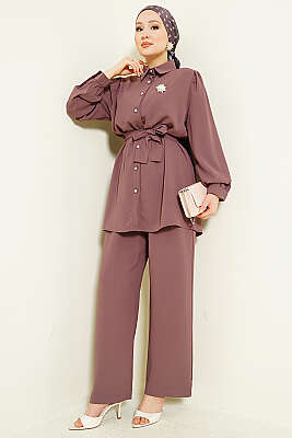 İnci Düğme Detaylı Kuşaklı İkili Takım Magenta 