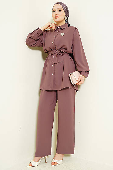 İnci Düğme Detaylı Kuşaklı İkili Takım Magenta - İkili Takım