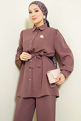 İnci Düğme Detaylı Kuşaklı İkili Takım Magenta - İkili Takım