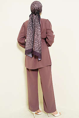 İnci Düğme Detaylı Kuşaklı İkili Takım Magenta - İkili Takım