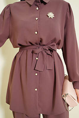 İnci Düğme Detaylı Kuşaklı İkili Takım Magenta - İkili Takım