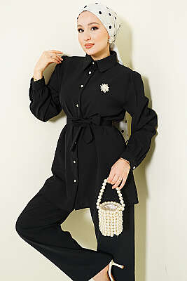 İnci Düğme Detaylı Kuşaklı İkili Takım Siyah 