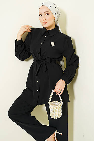 İnci Düğme Detaylı Kuşaklı İkili Takım Siyah - İkili Takım