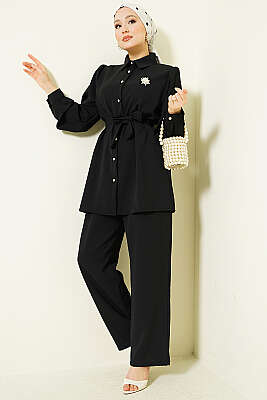 İnci Düğme Detaylı Kuşaklı İkili Takım Siyah - İkili Takım