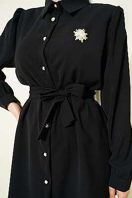 İnci Düğme Detaylı Kuşaklı İkili Takım Siyah - İkili Takım