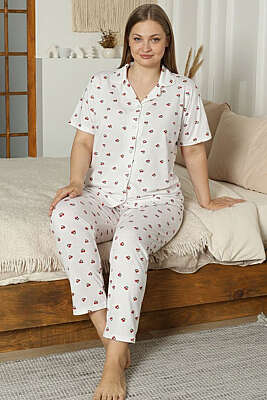 İnci Düğmeli Kirazlı Büyük Beden Pijama Takımı Beyaz - IŞILAY