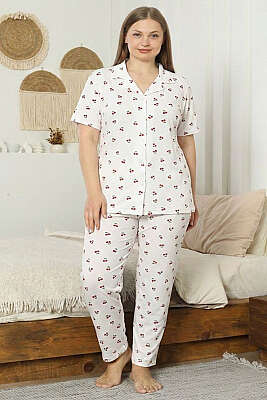 İnci Düğmeli Kirazlı Büyük Beden Pijama Takımı Beyaz - Pijama