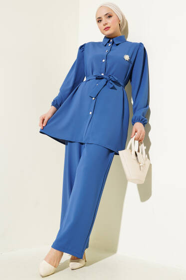 İnci Düğmeli Kuşaklı İkili Takım İndigo - İkili Takım