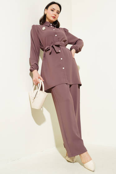 İnci Düğmeli Kuşaklı İkili Takım Kahve - İkili Takım