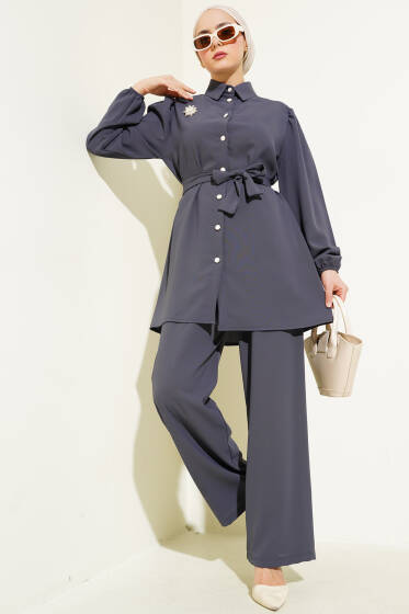 İnci Düğmeli Kuşaklı İkili Takım Kayrak Grisi - İkili Takım