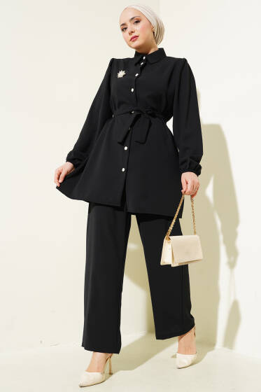 İnci Düğmeli Kuşaklı İkili Takım Siyah - İkili Takım