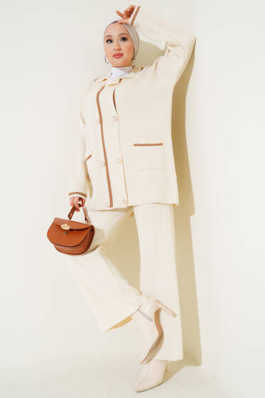 İnci Düğmeli Triko İkili Takım Bej - İkili Takım