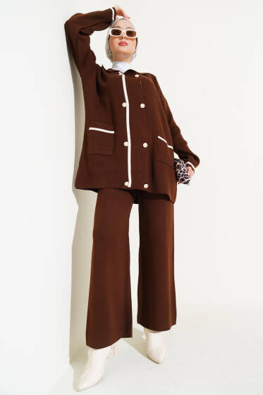 İnci Düğmeli Triko İkili Takım Kahve - İKİLİ TAKIM