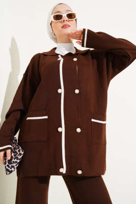 İnci Düğmeli Triko İkili Takım Kahve - Triko İkili Takım