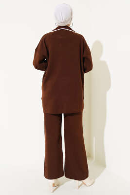 İnci Düğmeli Triko İkili Takım Kahve - Triko İkili Takım