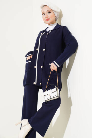 İnci Düğmeli Triko İkili Takım Lacivert - İkili Takım