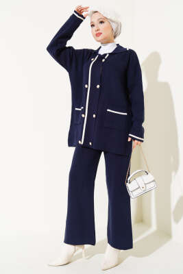 İnci Düğmeli Triko İkili Takım Lacivert - Triko İkili Takım