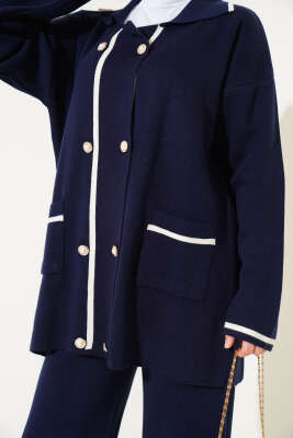 İnci Düğmeli Triko İkili Takım Lacivert - Triko İkili Takım