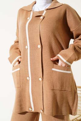 İnci Düğmeli Triko İkili Takım Latte - Triko İkili Takım