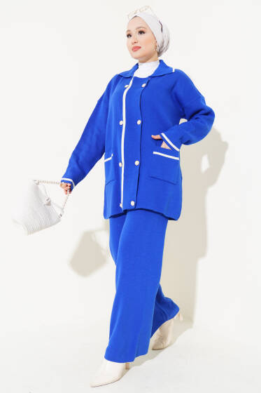 İnci Düğmeli Triko İkili Takım Saks - İKİLİ TAKIM