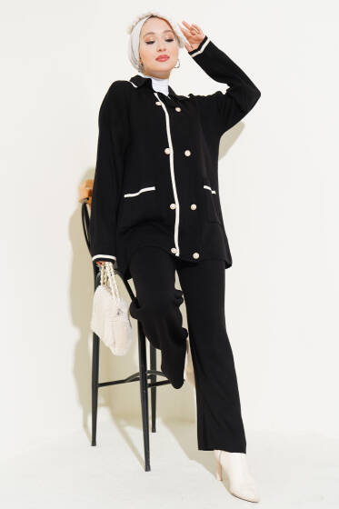 İnci Düğmeli Triko İkili Takım Siyah - İkili Takım