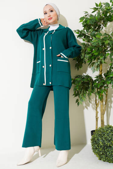 İnci Düğmeli Triko İkili Takım Zümrüt - İkili Takım