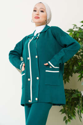 İnci Düğmeli Triko İkili Takım Zümrüt - Triko İkili Takım