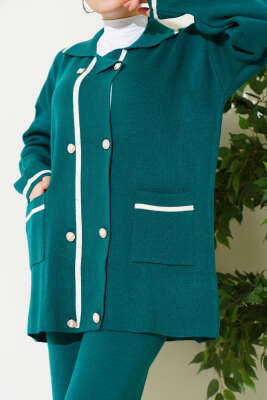 İnci Düğmeli Triko İkili Takım Zümrüt - Triko İkili Takım