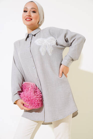 	 İnci Fiyonk Süslemeli Gömlek Gri - Gömlek