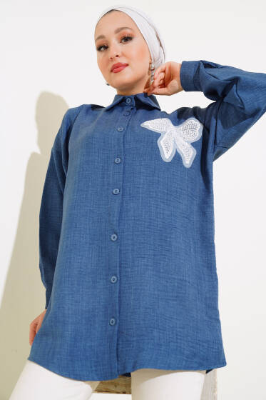 	 İnci Fiyonk Süslemeli Gömlek İndigo - Gömlek