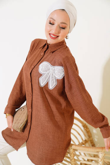 	 İnci Fiyonk Süslemeli Gömlek Kahve - Gömlek