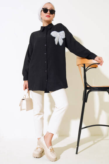 İnci Fiyonk Süslemeli Gömlek Siyah - Gömlek