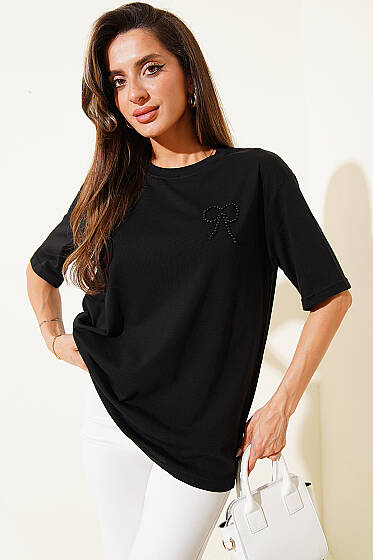 İnci Fiyonk Taşlı T-shirt Siyah - Kadın Giyim Modelleri