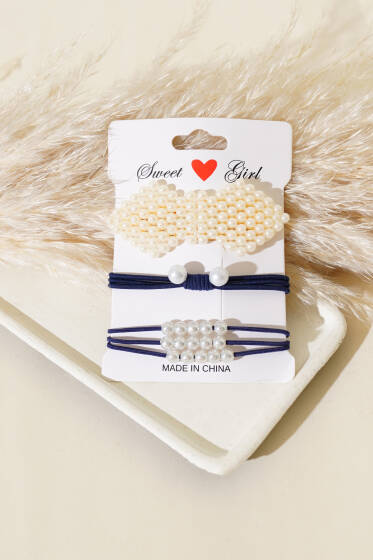 İnci Fiyonklu Lastikli Toka Seti Lacivert - Toka