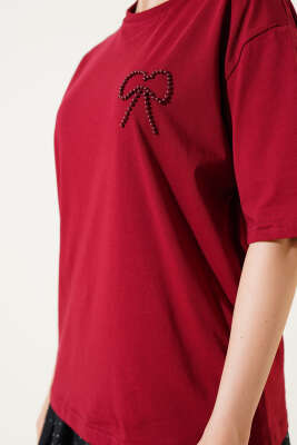 İnci Fiyonklu T-shirt Bordo - Kadın Giyim Modelleri