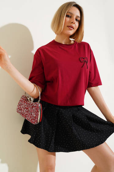 İnci Fiyonklu T-shirt Bordo - Kadın Giyim Modelleri