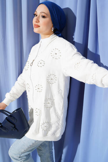 İnci İşlemeli Brodeli Ceket Beyaz - Ceket