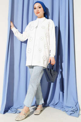 İnci İşlemeli Brodeli Ceket Beyaz - Ceket