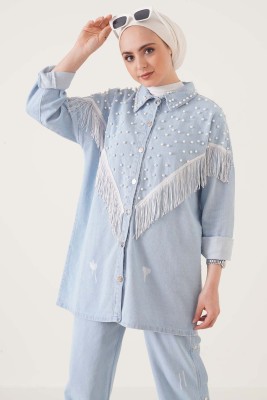 İnci İşlemeli Püskül Detaylı Kot Mavisi Takım - İKİLİ TAKIM