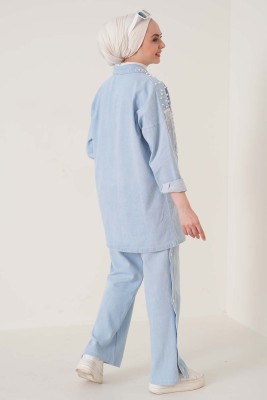 İnci İşlemeli Püskül Detaylı Kot Mavisi Takım - İKİLİ TAKIM