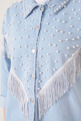 İnci İşlemeli Püskül Detaylı Kot Mavisi Takım - İKİLİ TAKIM