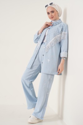 İnci İşlemeli Püskül Detaylı Kot Mavisi Takım